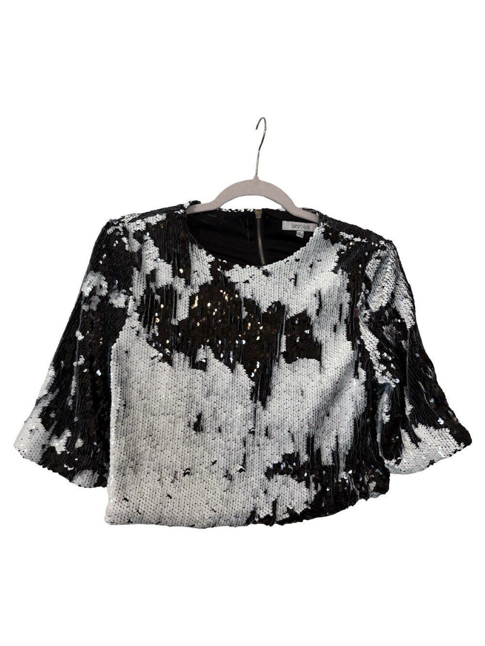 Lucy Paris Sequin Crop Top L Black White Two Tone Shimmer Bell Sleeve